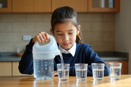 Élève versant de l'eau d'un bidon de 5 litres dans des éprouvettes graduées en millilitres sur une table de cuisine en bois