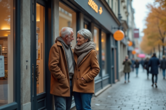 Couple d'adultes devant une agence immobiliere en automne