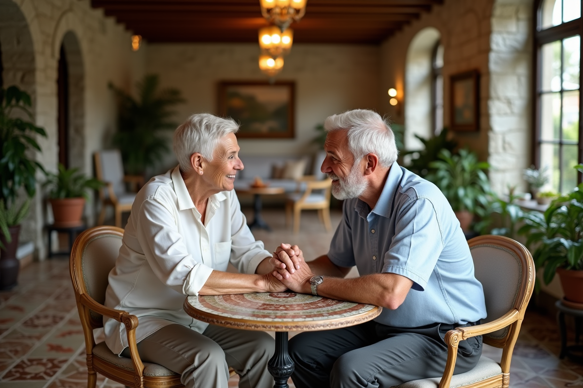Couple âgé partageant un moment dans un café élégant