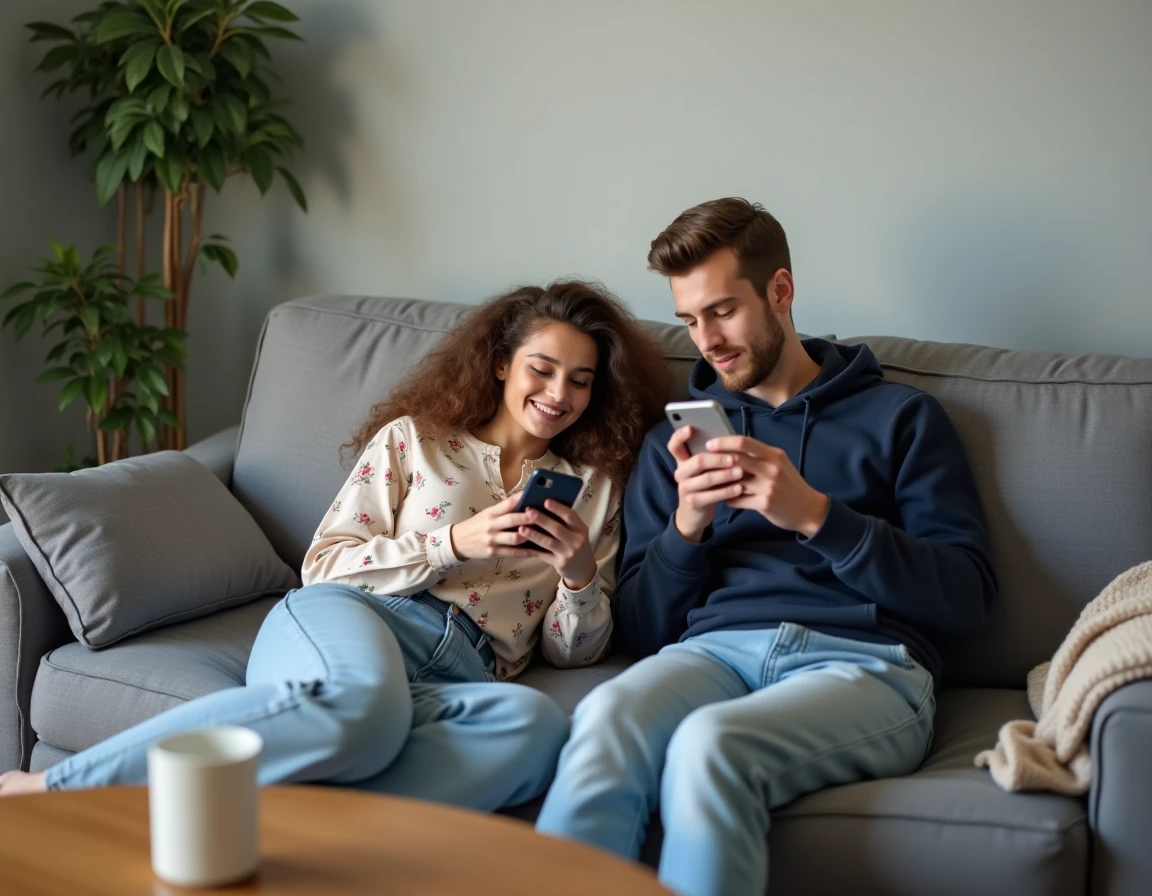 Deux jeunes adultes sur un canapé échangeant des messages de bonne nuit discrets sur leurs téléphones au début de leur relation amoureuse
