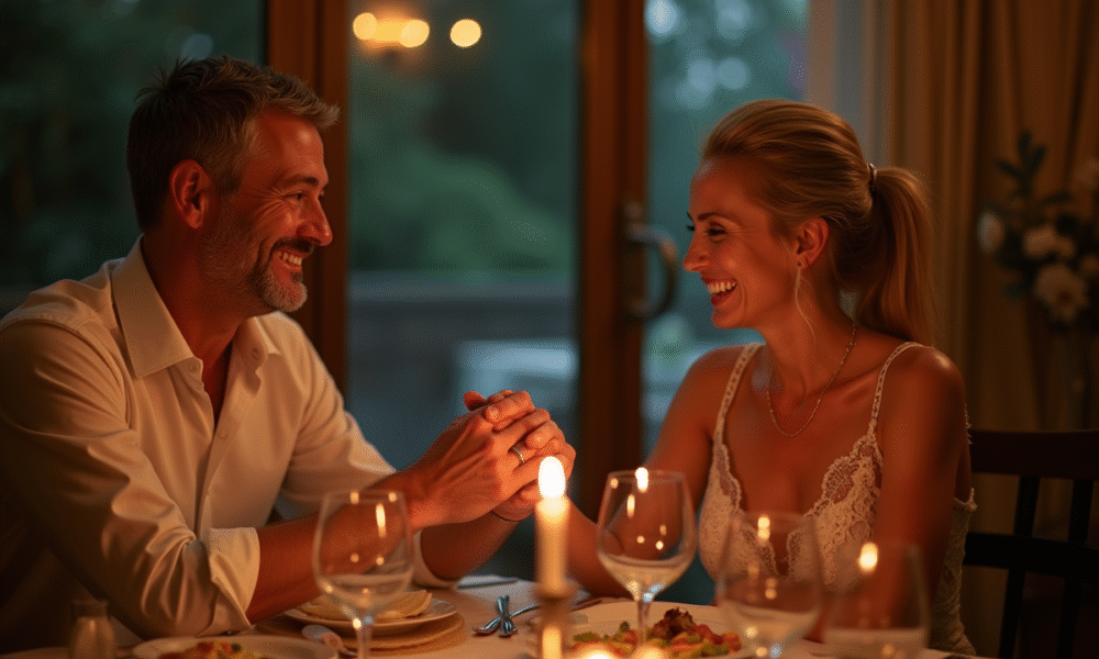 Couple mature main dans la main lors d'un dîner aux chandelles
