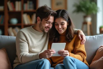 Jeune couple lisant une lettre d'amour dans le salon