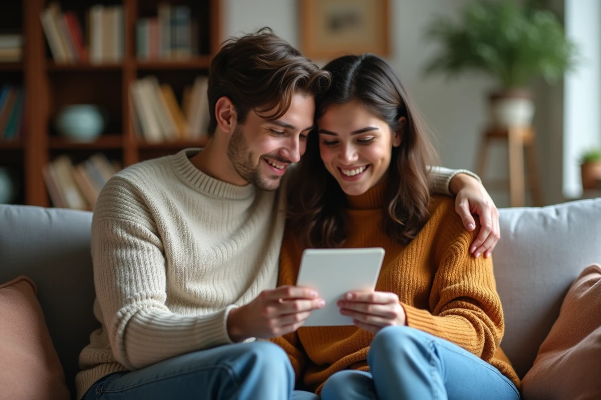 Jeune couple lisant une lettre d'amour dans le salon