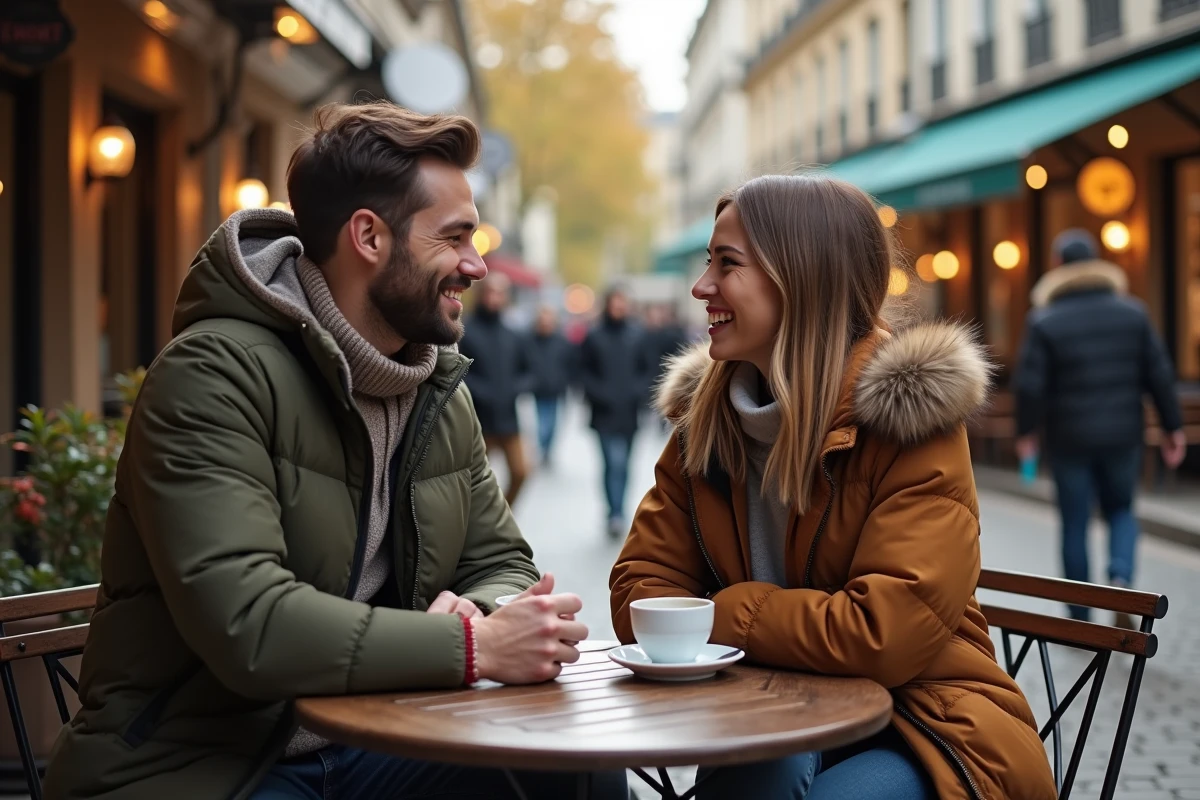 Couple se rencontrant pour la première fois en terrasse après avoir échangé sur une application de tchat sérieuse