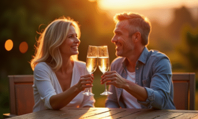 Couple dans la quarantaine trinant avec des flûtes de champagne lors du coucher de soleil