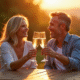 Couple dans la quarantaine trinant avec des flûtes de champagne lors du coucher de soleil