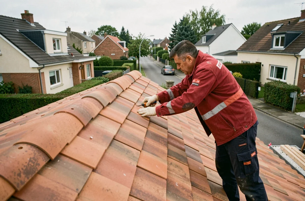 Couvreur de Couverture Da Silva 94 terminant la pose d'un faîtage sur un toit neuf en Val-de-Marne