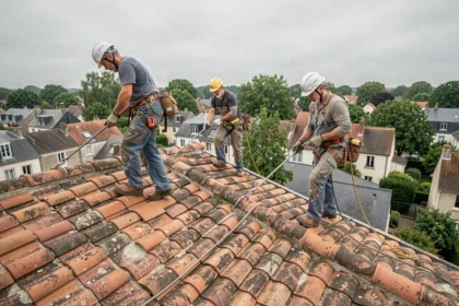 Équipe de couvreurs professionnels travaillant sur un toit en tuiles dans le Val-de-Marne