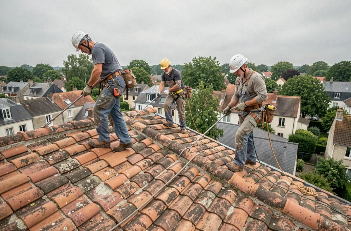 Équipe de couvreurs professionnels travaillant sur un toit en tuiles dans le Val-de-Marne