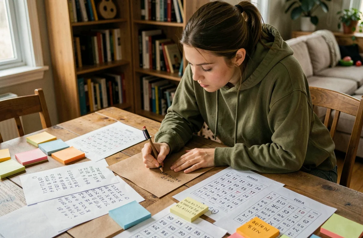 Jeune femme créant un escape game maison avec des feuilles de codes chiffres et lettres sur une table en bois