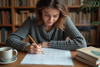 Femme en train de créer une grille de mots croisés à la main sur du papier quadrillé, entourée de dictionnaires et de livres de référence sur un bureau en bois