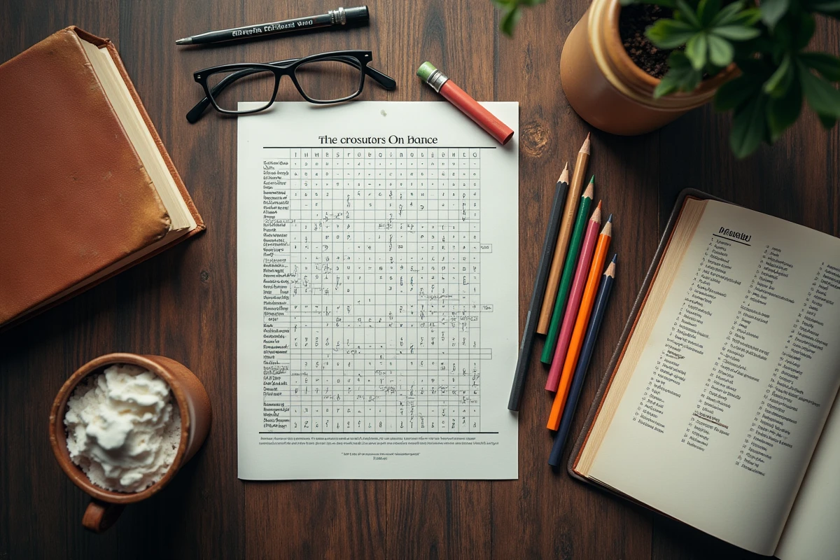 Vue de dessus d'une table avec une grille de mots croisés imprimée, un thésaurus, des crayons de couleur et des notes manuscrites pour la création de mots croisés