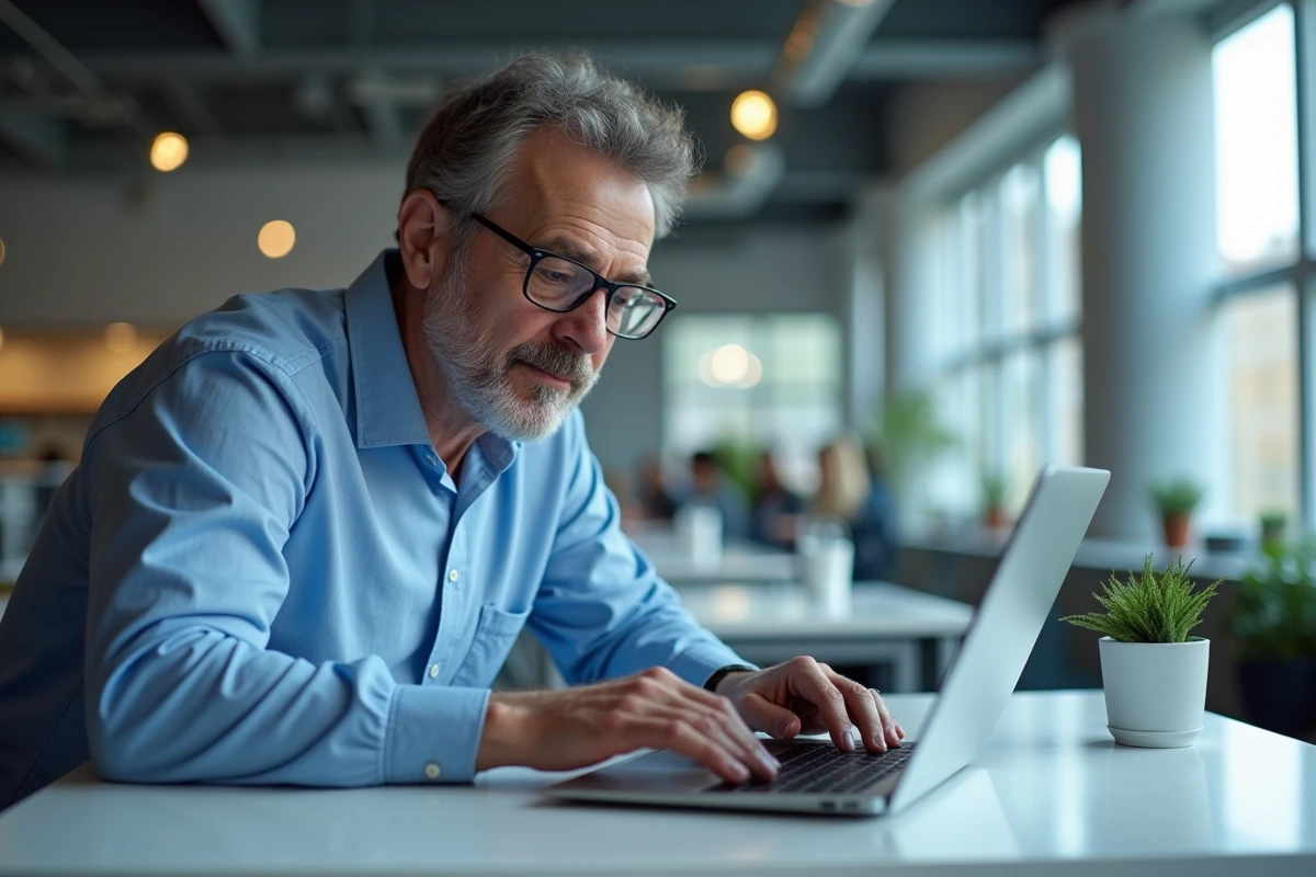 Homme utilisant un logiciel de création de mots croisés sur ordinateur portable dans un espace de travail moderne