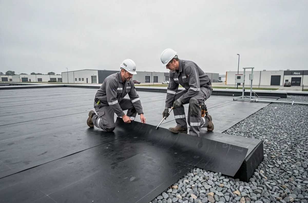 Deux couvreurs de CRP 94 posant une membrane bitumineuse sur un toit plat commercial dans le Val-de-Marne