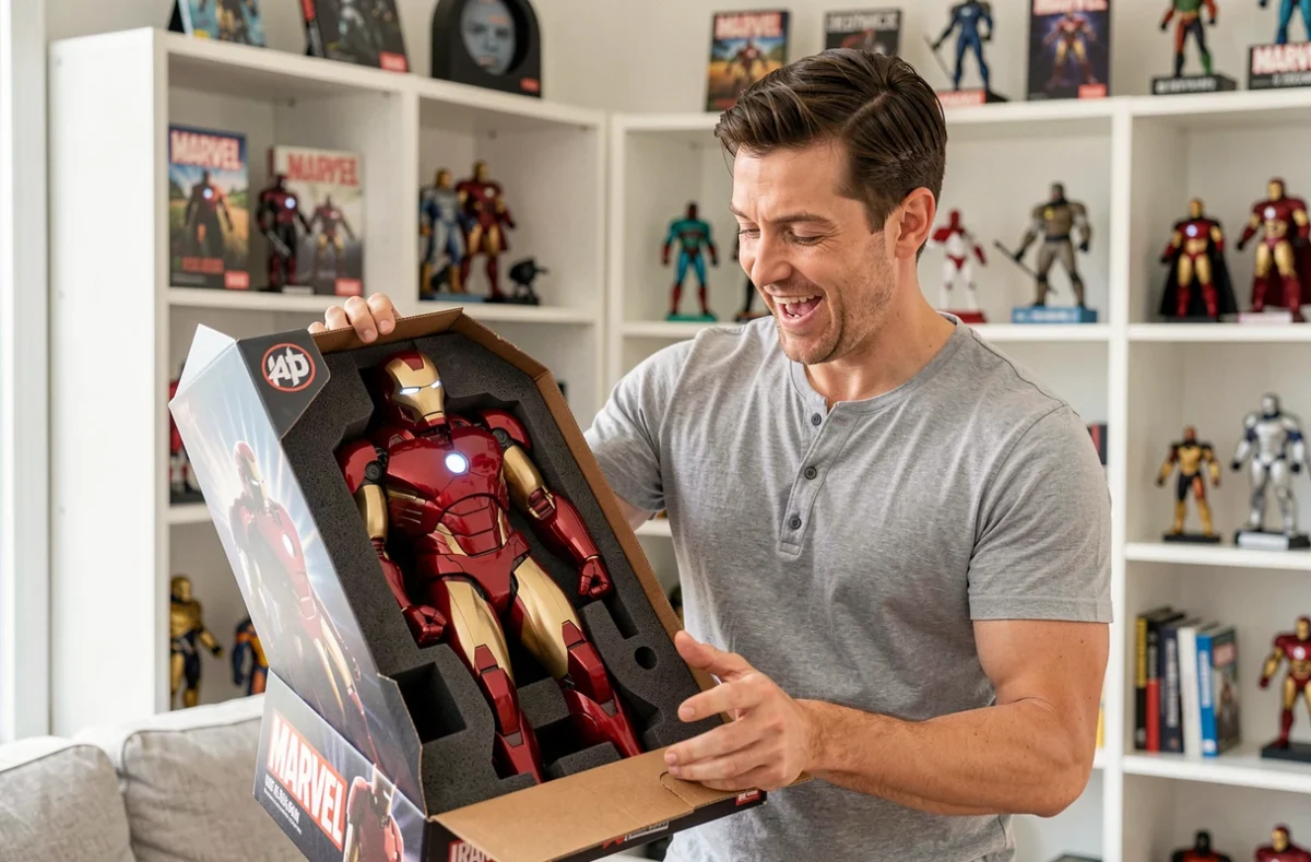 Homme déballant une statue collector Iron Man avec enthousiasme dans un salon geek