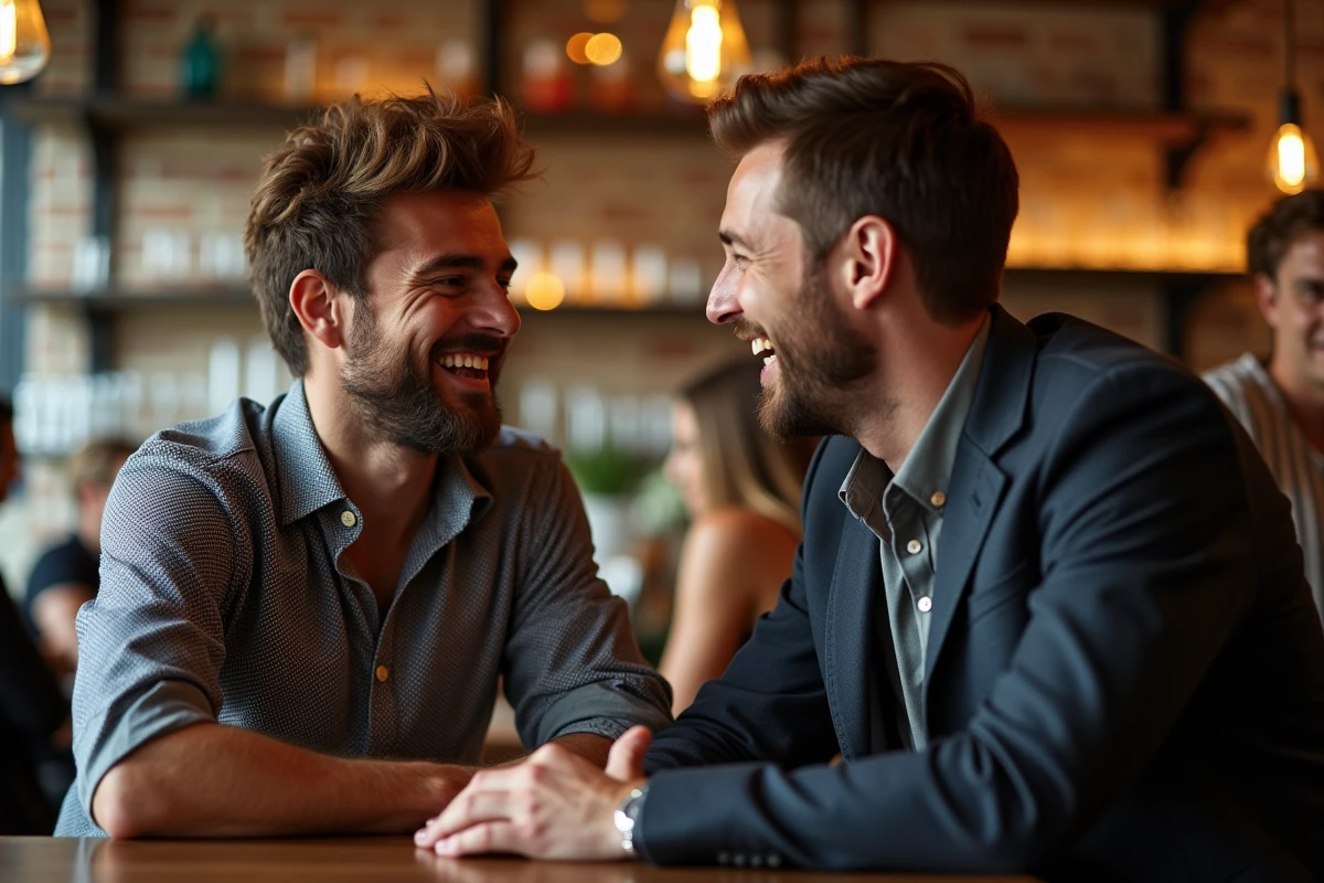 Deux hommes discutant dans un bar urbain animé