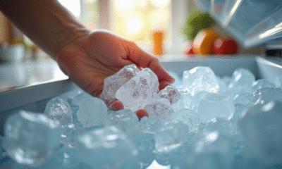 Personne retirant la glace du congélateur avec cristaux fins