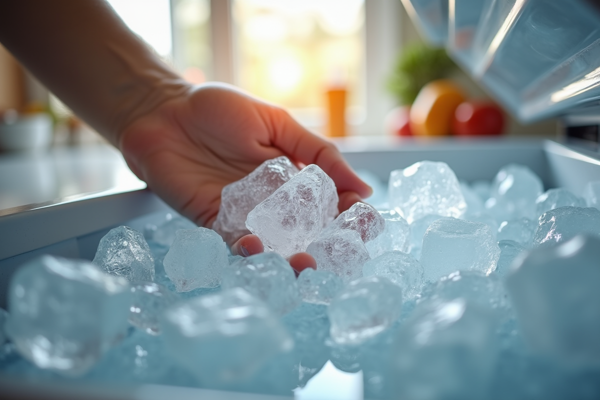 Personne retirant la glace du congélateur avec cristaux fins