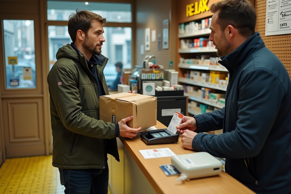 Client déposant un colis dans un bureau de tabac partenaire d'un service de livraison en France