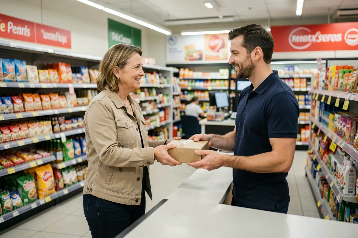 Femme déposant un colis au comptoir d'un relais colis en supermarché lors des horaires élargis