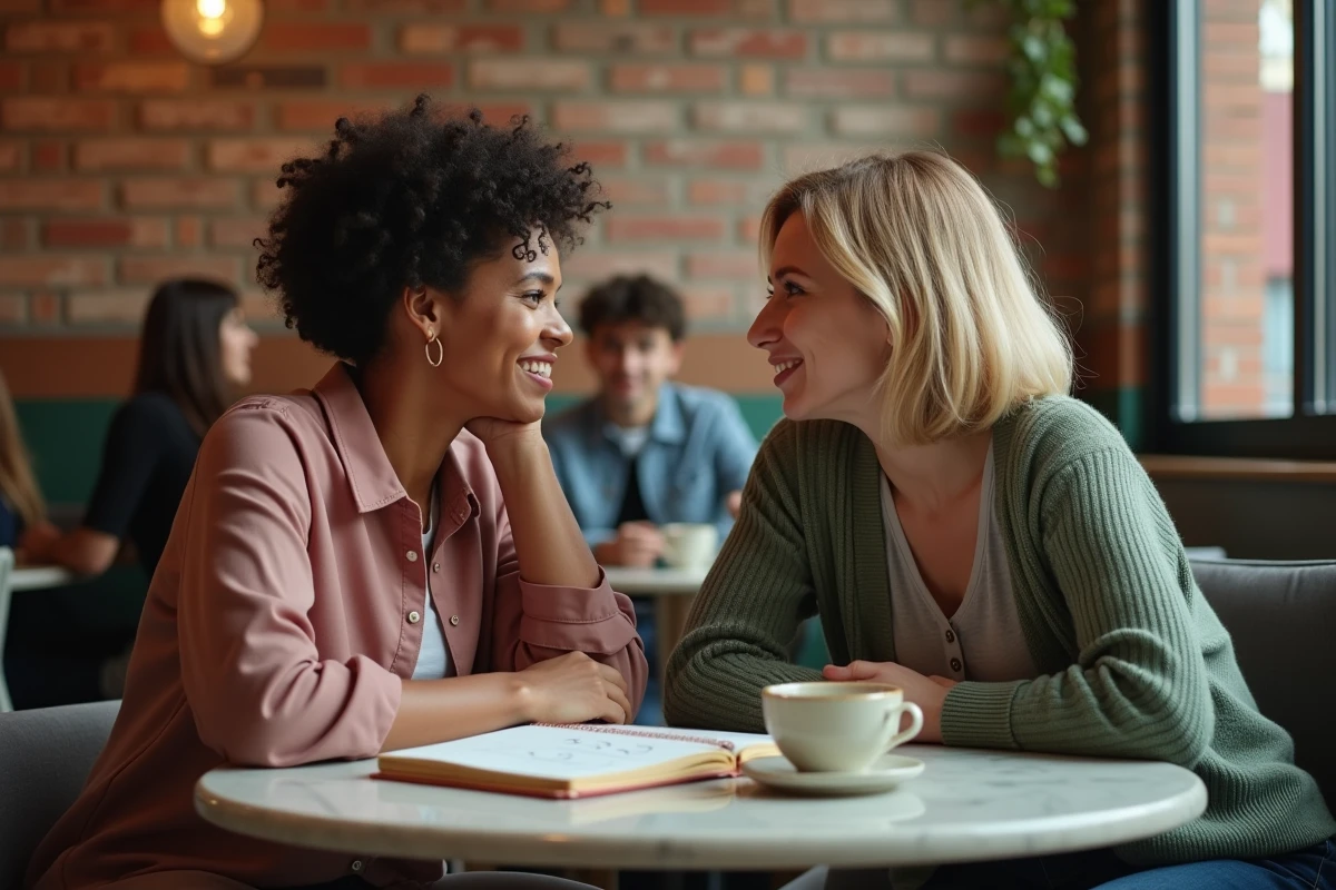 Deux femmes discutant du nombre 2222 et de la signification de la flamme jumelle autour d'un cahier dans un café