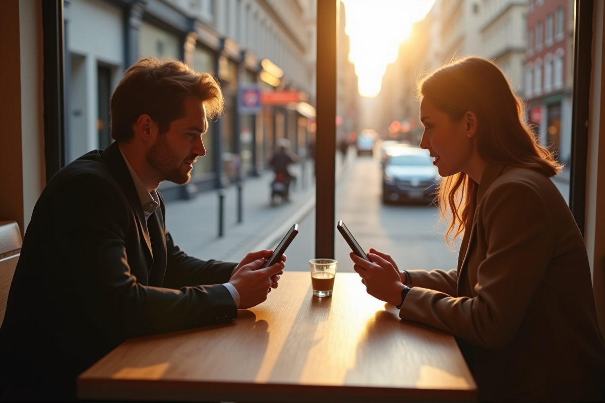 Deux personnes parlant dans un café avec traduction en temps réel sur leurs smartphones