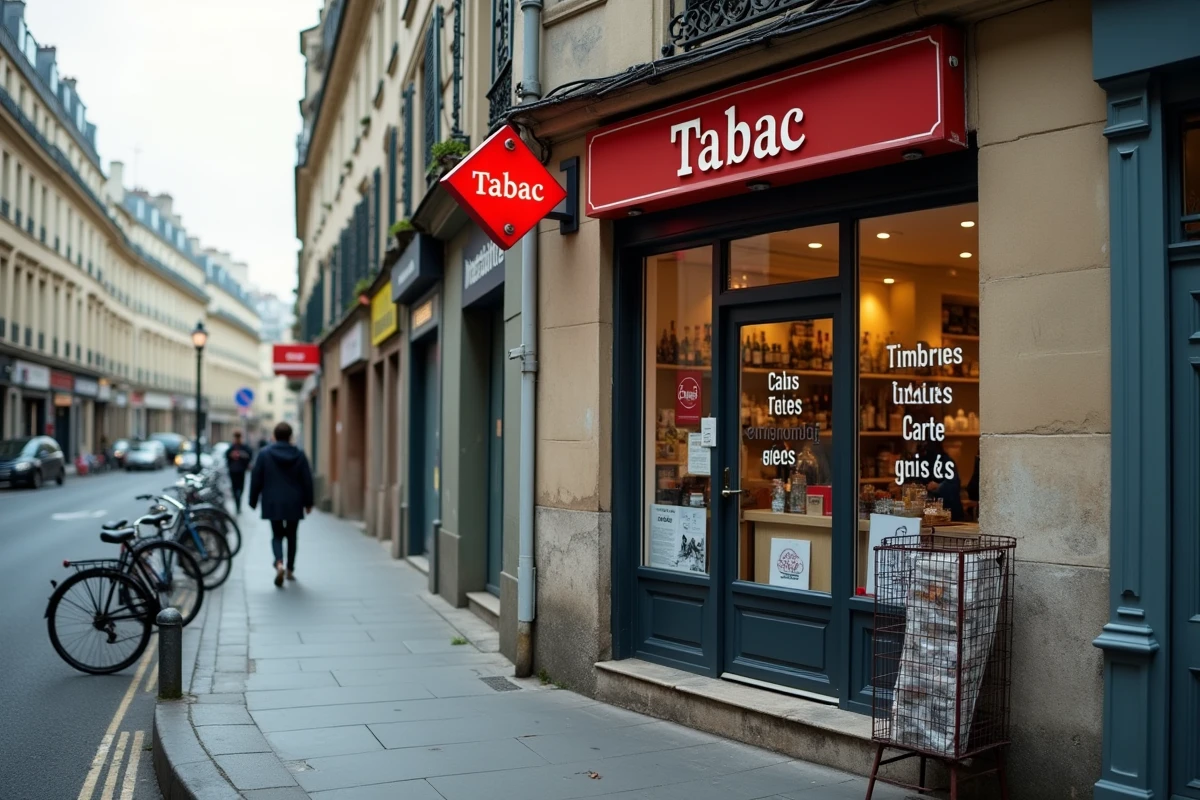 Devanture d'un bureau de tabac français proposant timbres, colis et démarches administratives en centre-ville