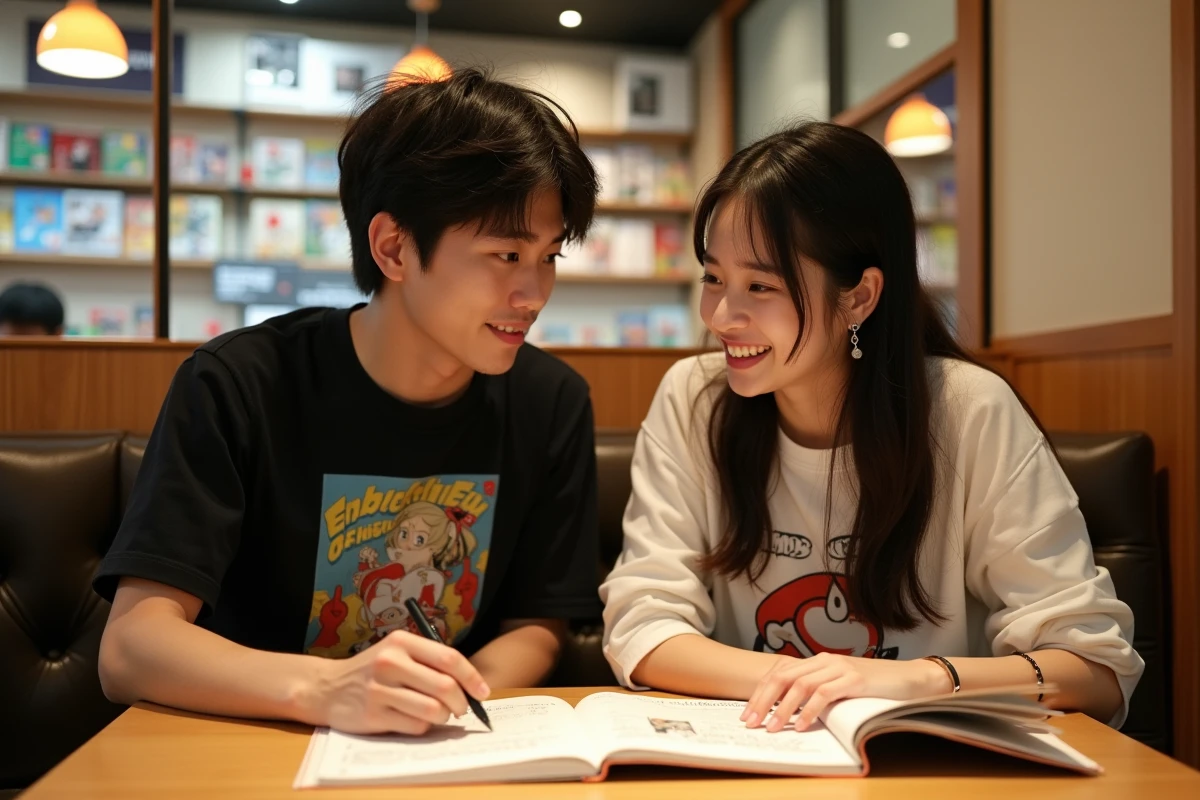 Deux passionnés de manga discutant des derniers scans One Piece dans un café manga japonais