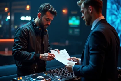 DJ français derrière ses platines examinant un contrat de réservation avant une soirée en club