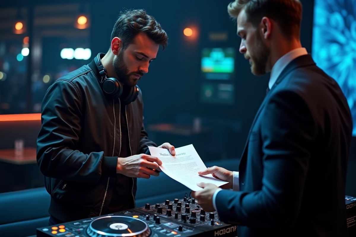 DJ français derrière ses platines examinant un contrat de réservation avant une soirée en club