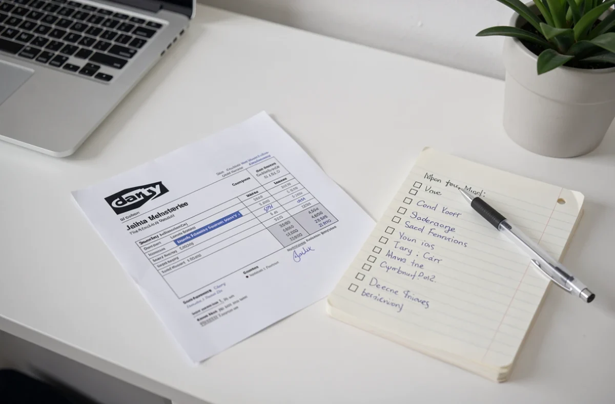 Dossier de litige Darty constitué sur un bureau avec facture imprimée, checklist manuscrite et ordinateur portable