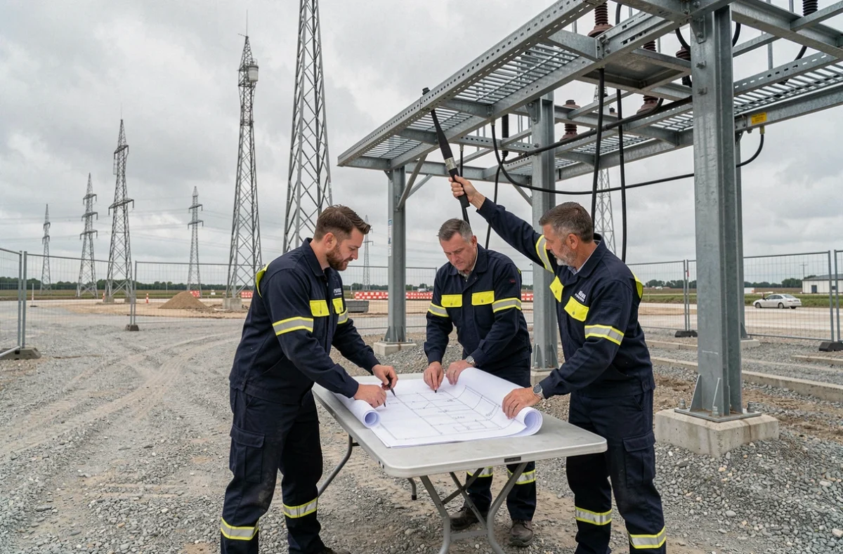 Équipe d'électriciens Eiffage Énergie Systèmes travaillant sur un poste de transformation électrique au Mans