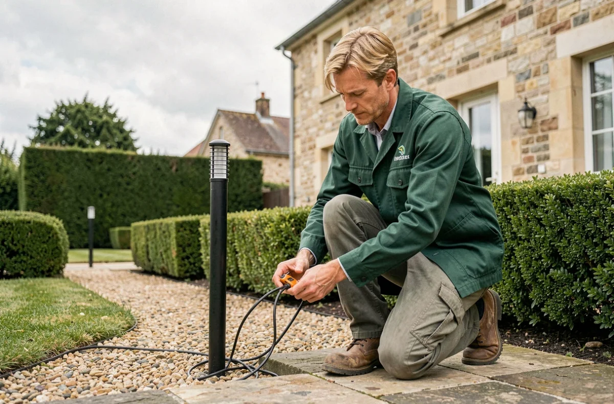 Électricien Gauthier Électricité connectant un système d'éclairage extérieur dans un jardin résidentiel au Mans