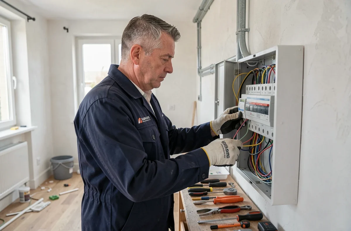 Électricien Lhermenier câblant un tableau électrique dans une maison résidentielle au Mans