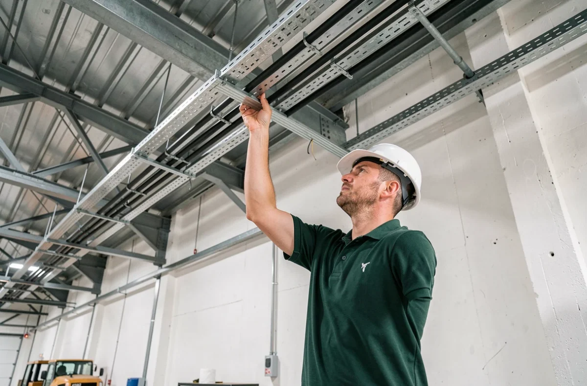 Électricien Ory EPC installant des conduits au plafond d'un bâtiment industriel au Mans