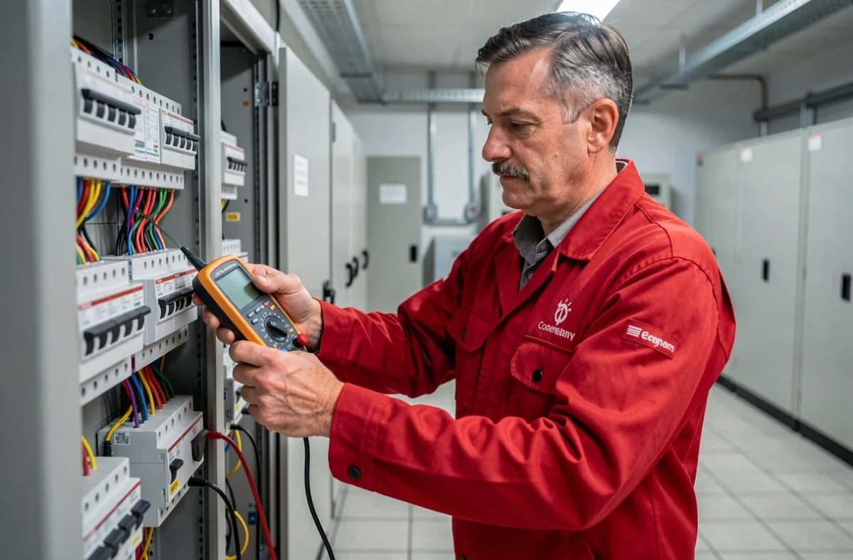 Électricien PRS Électricité mesurant la tension sur un tableau de distribution dans un bâtiment de bureau
