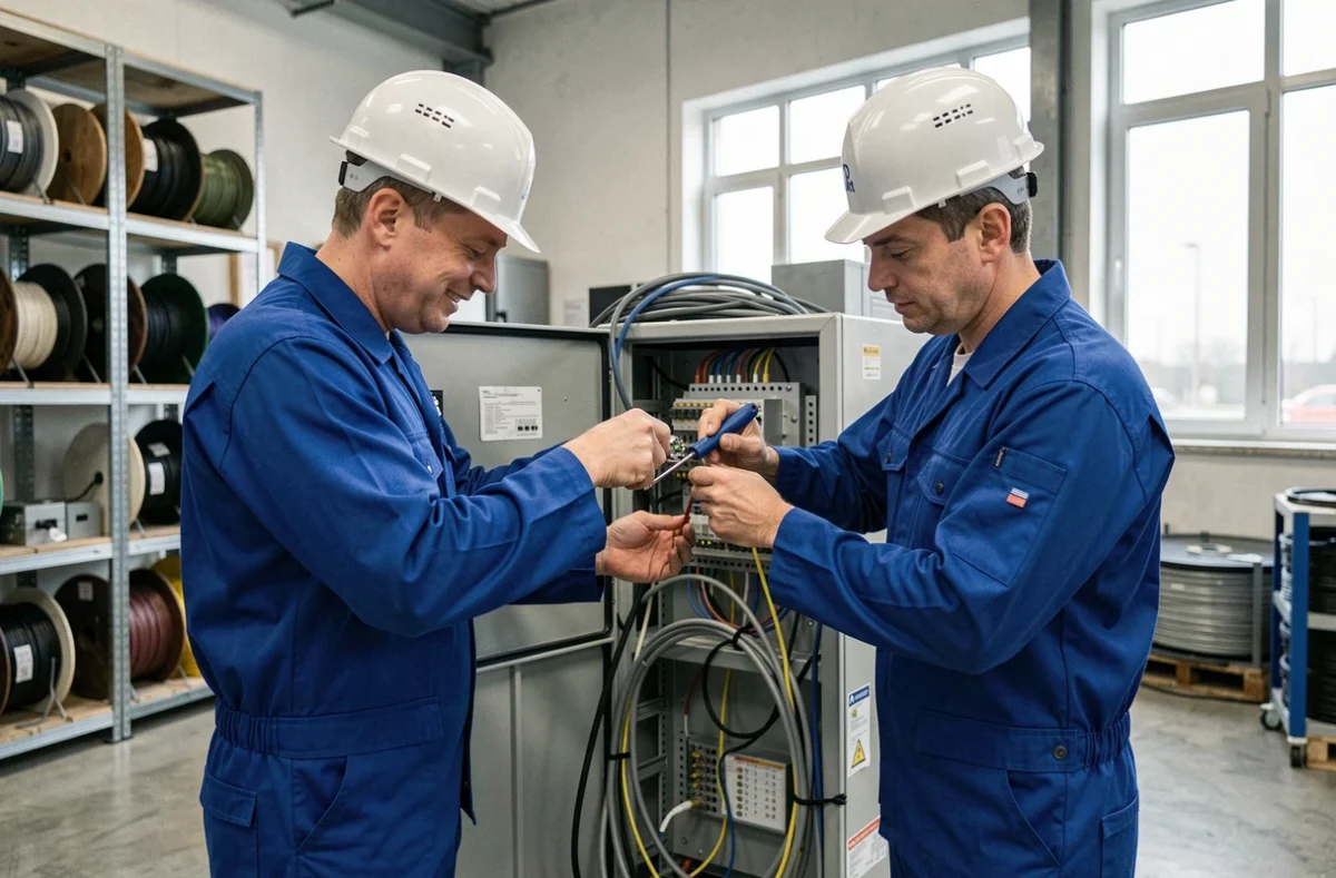 Deux électriciens Sogelec installant une armoire de distribution électrique dans un atelier industriel