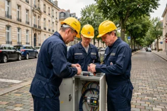 Équipe d'électriciens professionnels travaillant sur un tableau électrique dans une rue du Mans