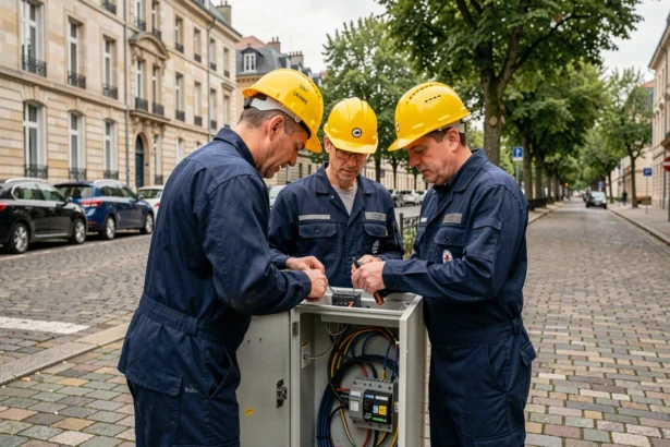 Équipe d'électriciens professionnels travaillant sur un tableau électrique dans une rue du Mans