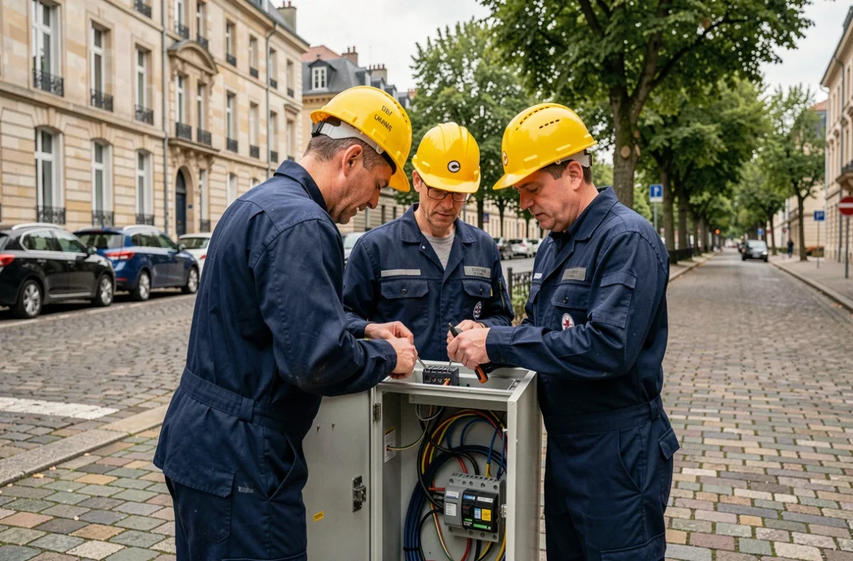 Équipe d'électriciens professionnels travaillant sur un tableau électrique dans une rue du Mans
