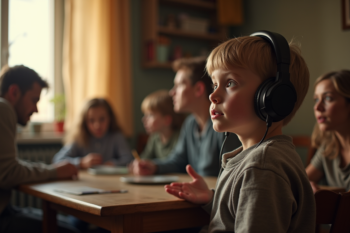 Enfant écoutant de la musique en famille dans un appartement russe