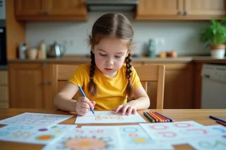 Jeune fille concentrée qui pointe une erreur sur une fiche d'observation imprimée, assise à une table de cuisine en bois avec des crayons colorés