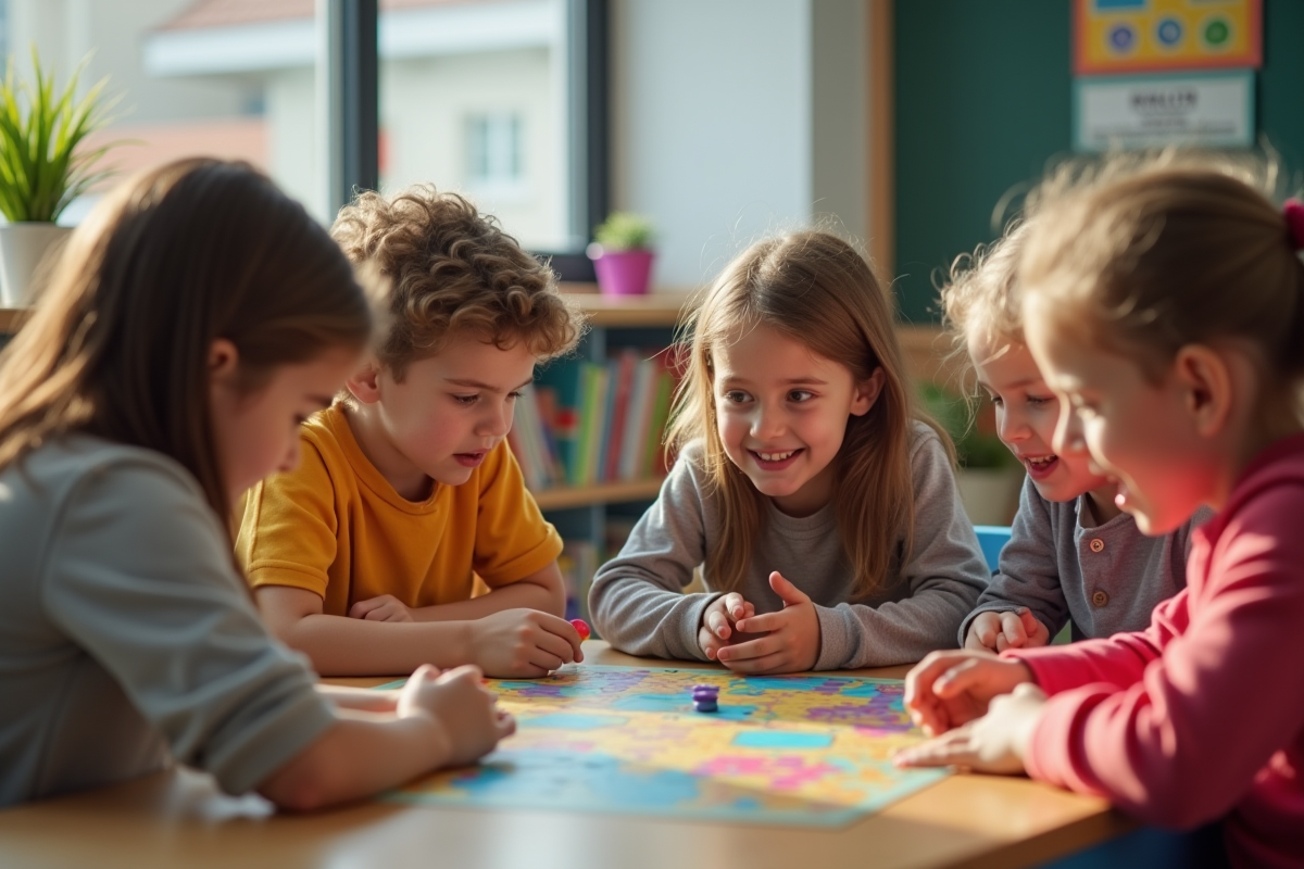 Groupe d'enfants jouant à un jeu éducatif en classe lumineuse