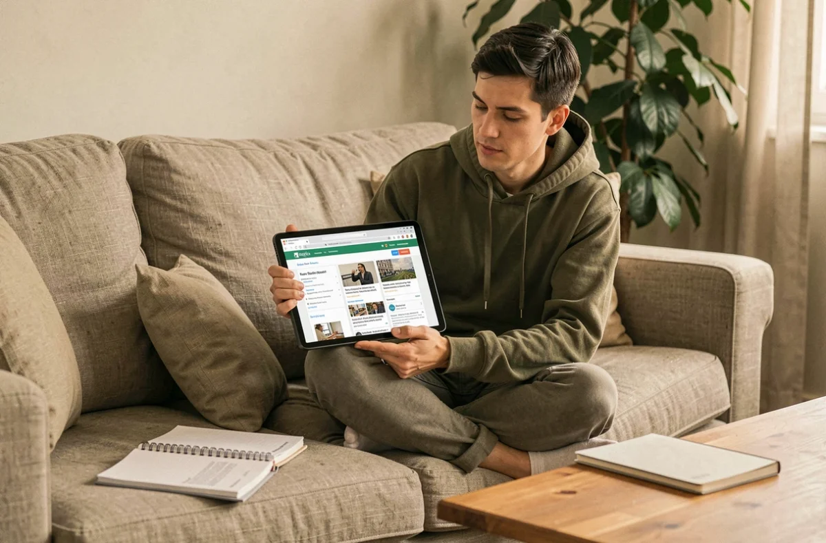 Personne effectuant une enquête approfondie à partir d'une recherche inversée de numéro sur une tablette depuis son canapé