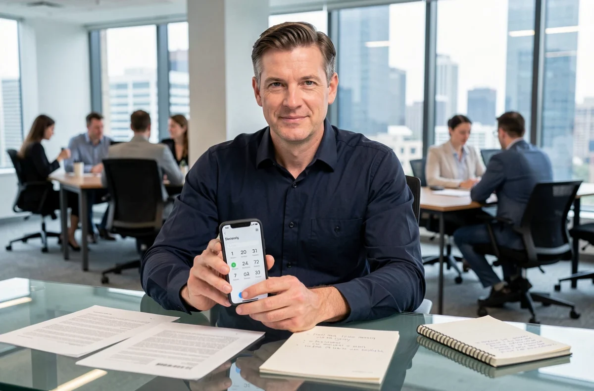 Homme en entreprise analysant des documents et recherchant des informations sur un numéro de téléphone inconnu