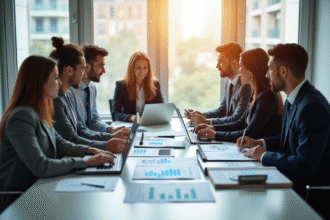 Groupe de professionnels analysant des graphiques financiers au bureau