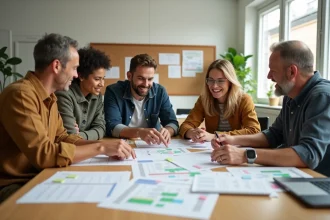 Équipe municipale planifiant des événements citoyens autour d'une table avec des calendriers imprimés et des ordinateurs portables