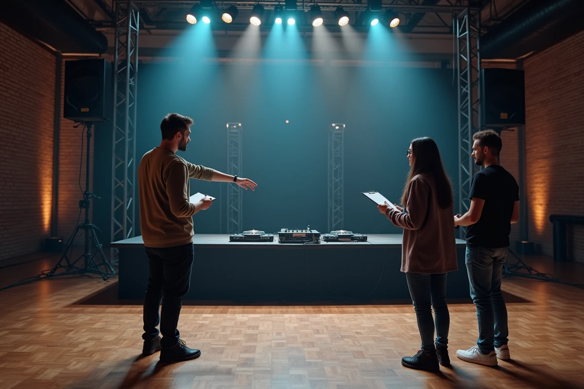 Équipe d'organisation inspectant une salle avant de finaliser la réservation d'un DJ connu pour une grande soirée