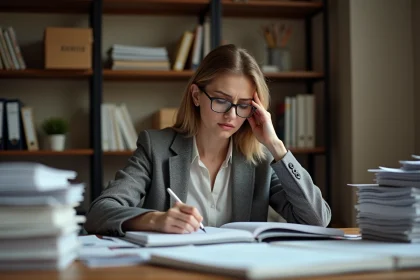 Femme consultant des documents d'archives empilés sur un bureau en bois dans un bureau à domicile encombré, illustrant les erreurs courantes de gestion d'archives