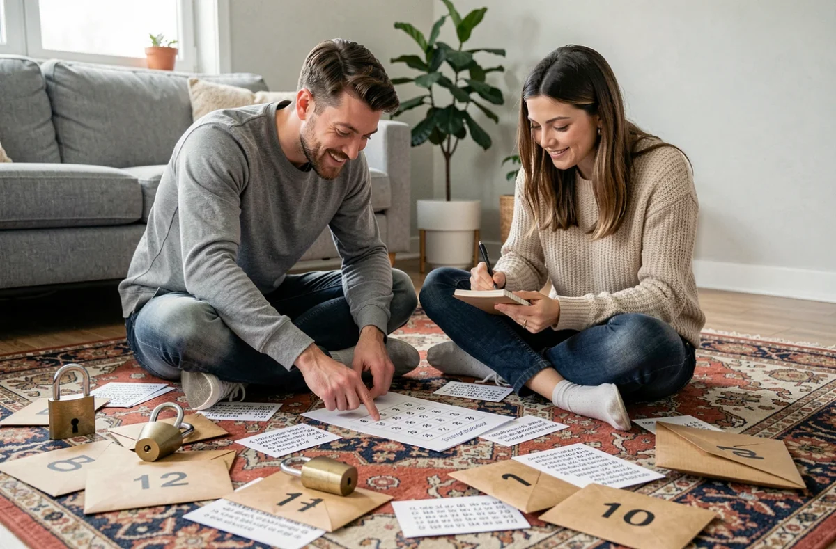 Deux adultes préparant un escape game maison avec des listes de codes chiffres et lettres sur le sol